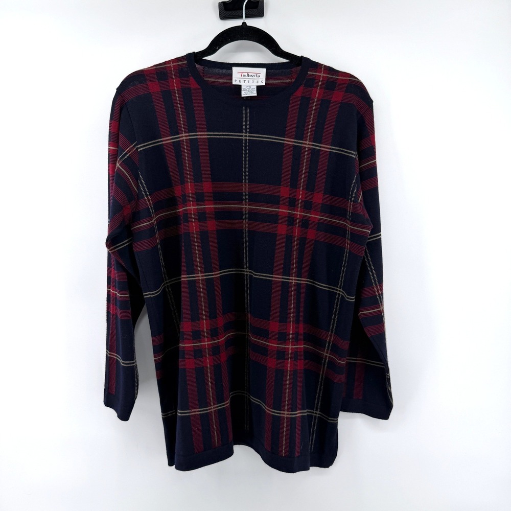 Talbots Vintage Sweater Plaid PS Navy Blue Women Wool Made In Italy Pullover
